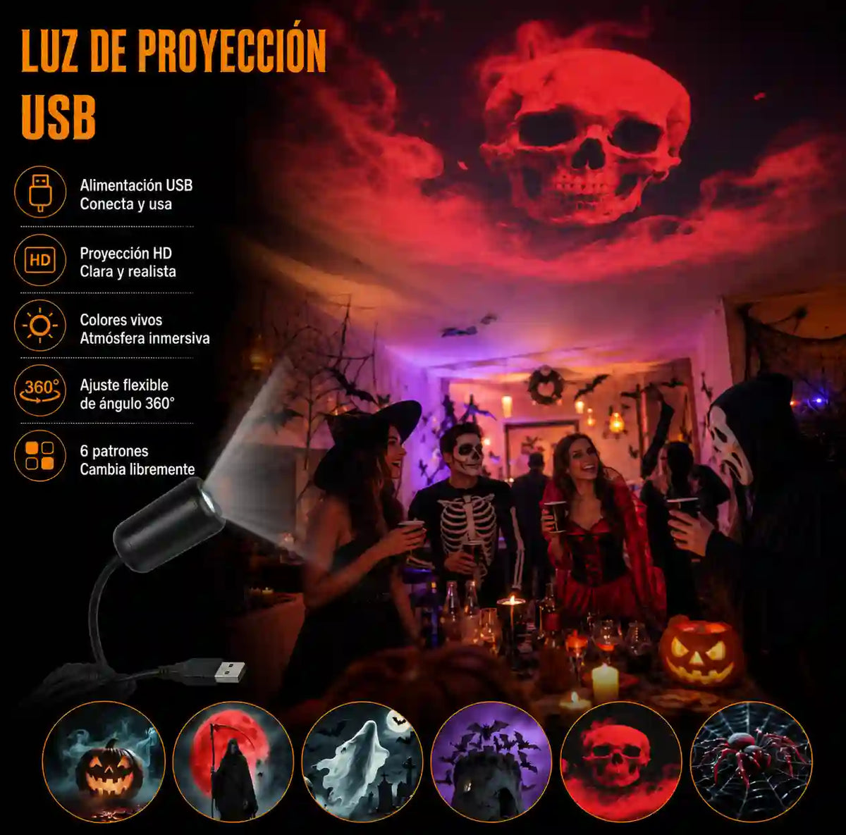 Proyector LED Navideño USB con 10 Diseños Intercambiables