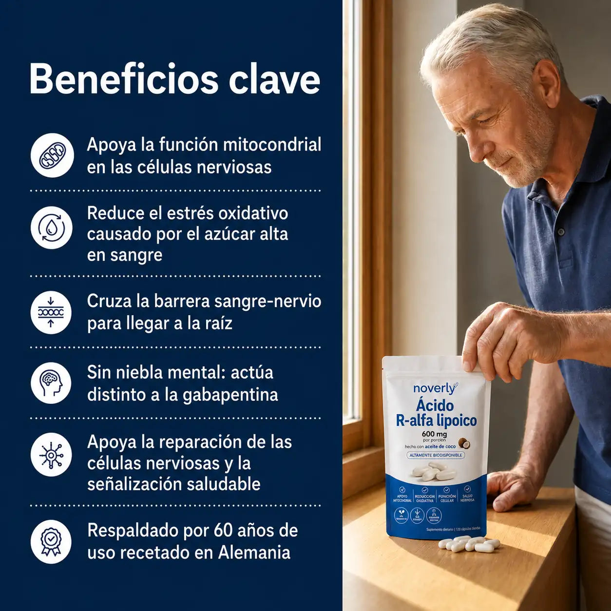 Noverly Ácido R-alfa Lipoico 600mg Apoya tu Azúcar y tus Nervios
