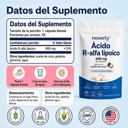 Noverly Ácido R-alfa Lipoico 600mg Apoya tu Azúcar y tus Nervios