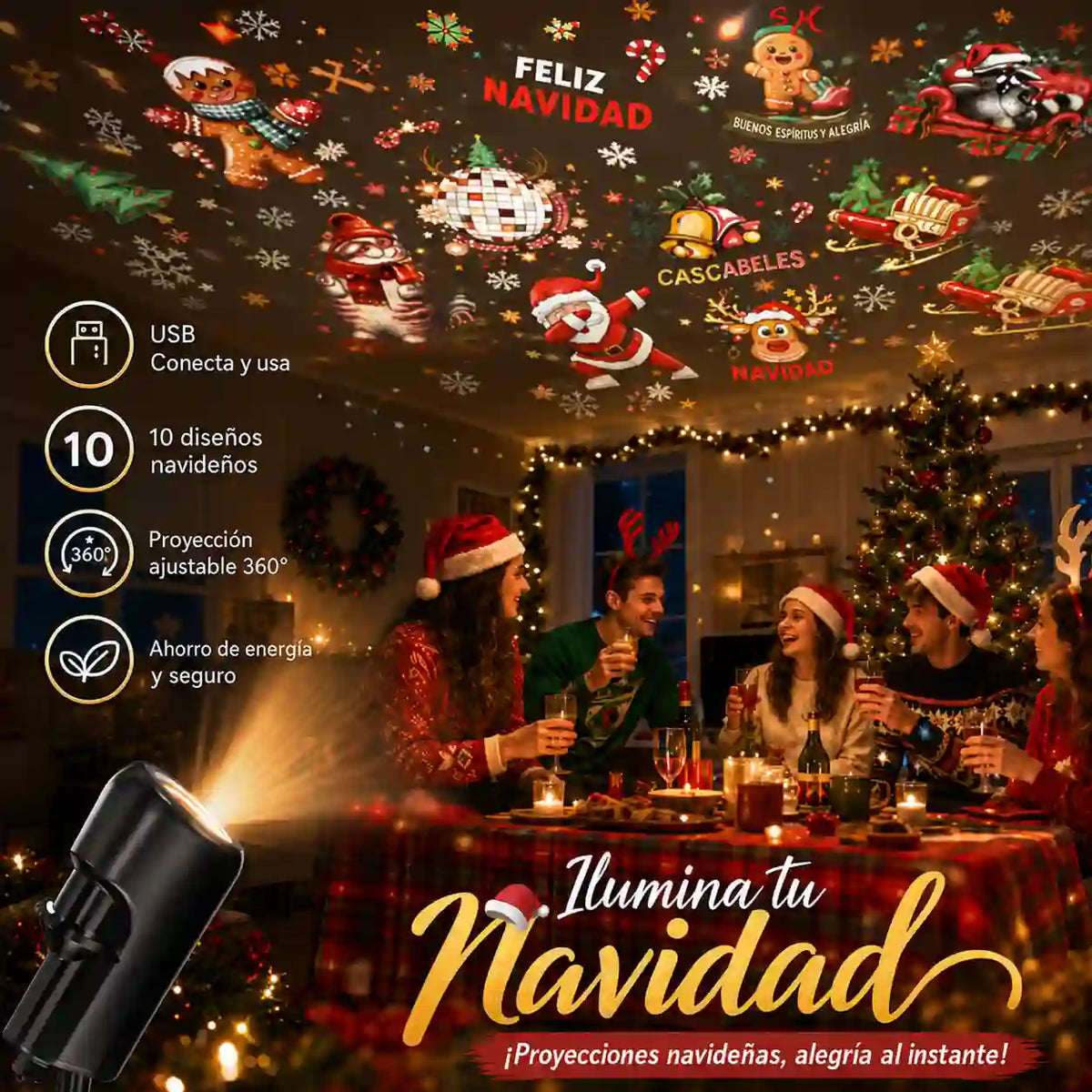 Proyector LED Navideño USB con 10 Diseños Intercambiables