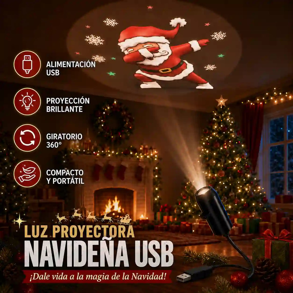 Proyector LED Navideño USB con 10 Diseños Intercambiables